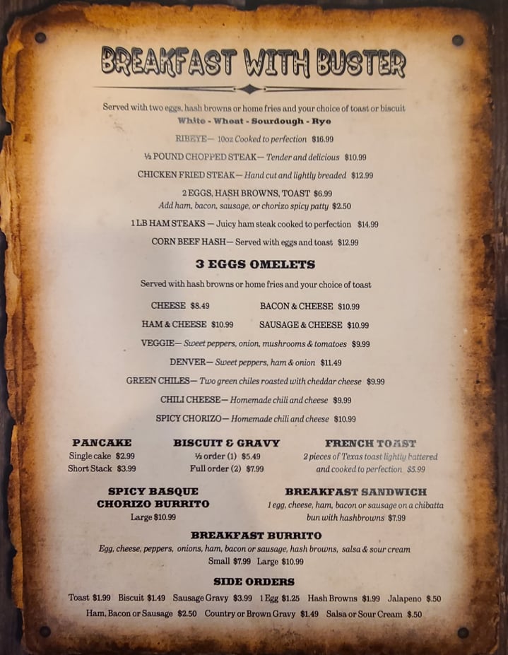 A piece of the menu of Buster's