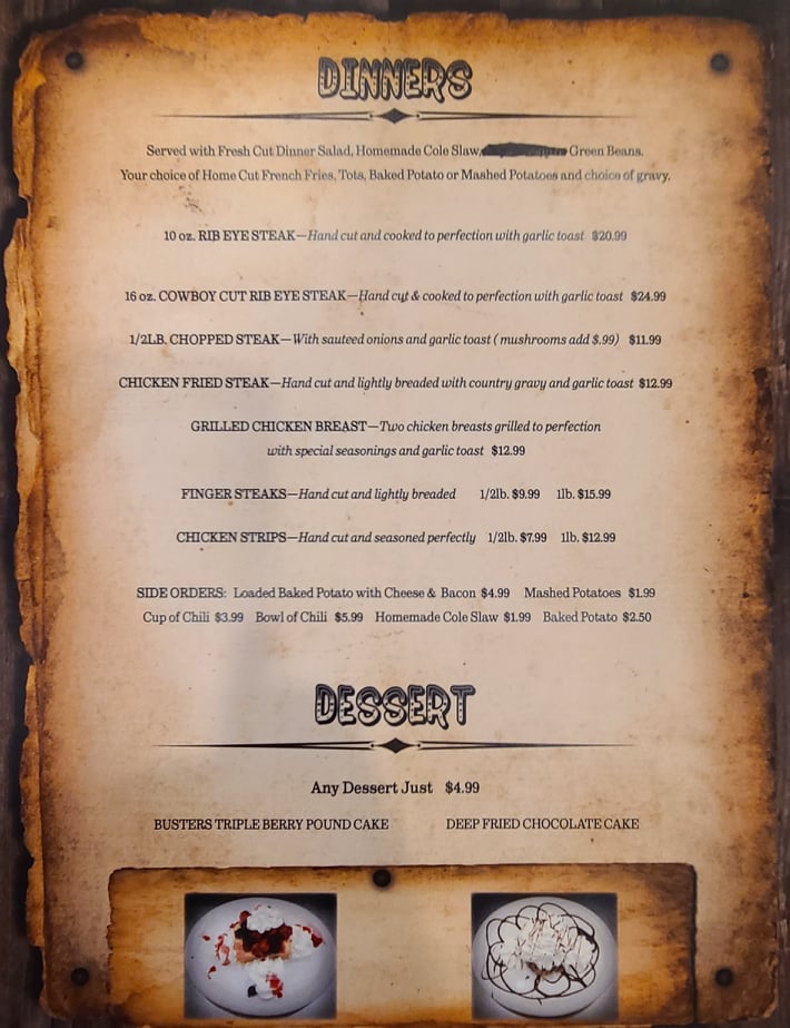 A piece of the menu of Buster's